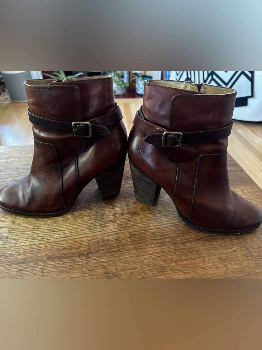 Frye Chestnut Brown Leather Harness Heel Ankle Boots